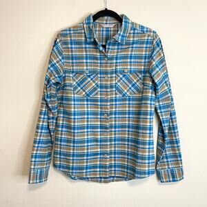 Stio Women's Willow Midweight Flannel Shirt Plaid Blue Tan Size M
